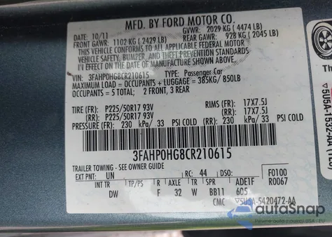 2012 Ford Fusion Se из США, поврежденный, VIN 3FAHP0HG8CR210615